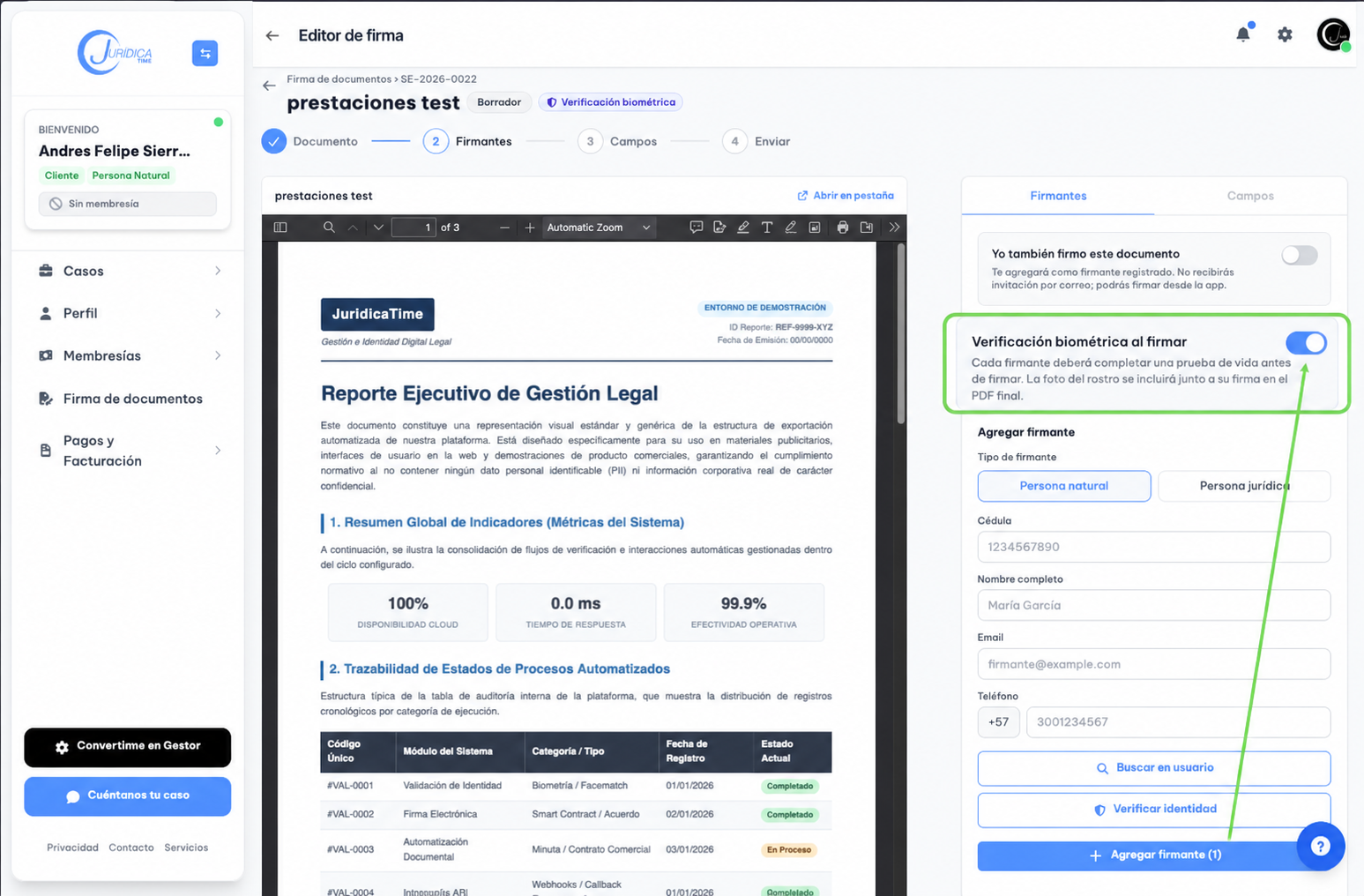 Activación de verificación biométrica al crear un documento para firma