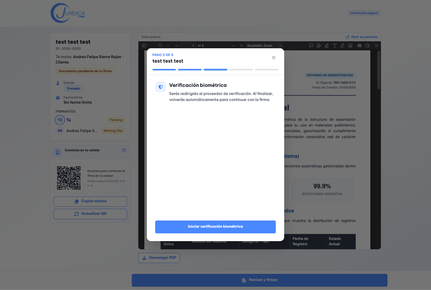 Paso de verificación biométrica con reconocimiento facial y documento de identidad